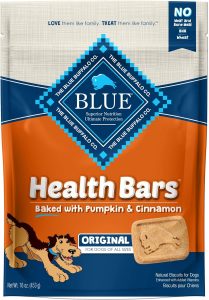 A bag of Healthy Bars by Blue Buffalo, dog treats with pumpkin and cinnamon.