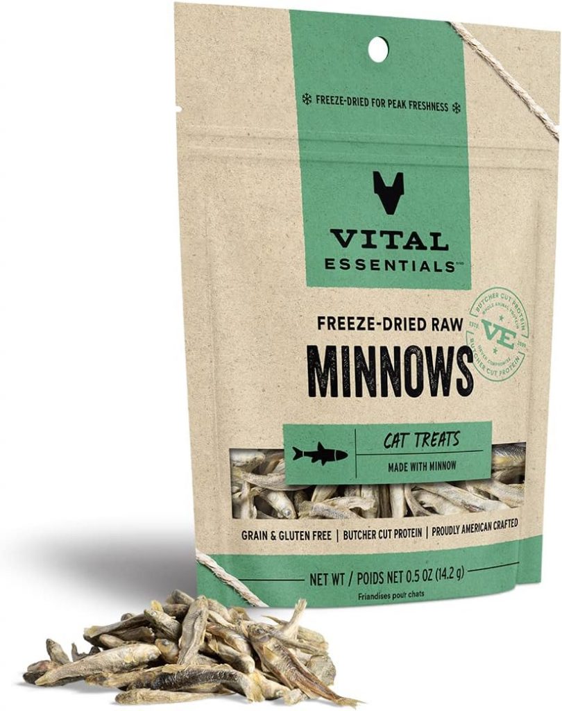 Package of freeze-dried raw minnow treats.