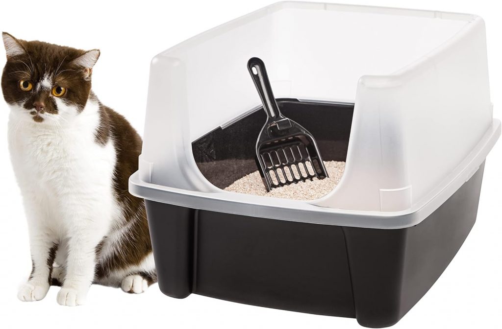 Cat litter tray with shield to stop the litter from getting all over the place.