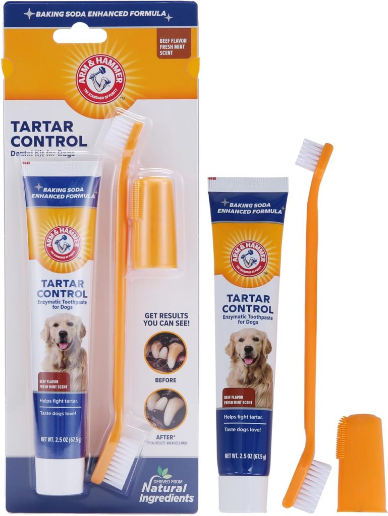Dog toothpaste with toothbrush and finger toothbrush.